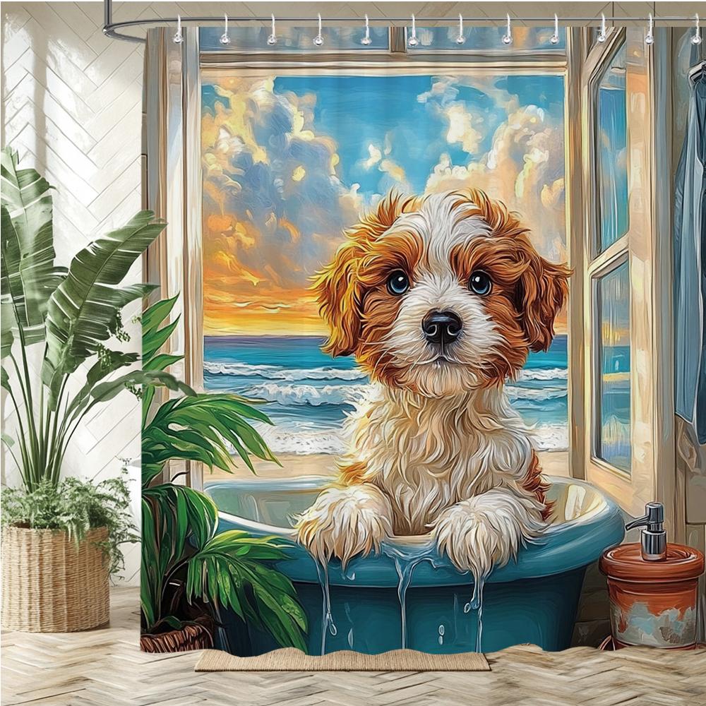 

Lovely Dogs And Cats Printed Fabric Shower Curtain Bathroom Curtain,Garden Flower Animals Home Decoration Curtain With Hooks W60H190(CM)-1 Pcs