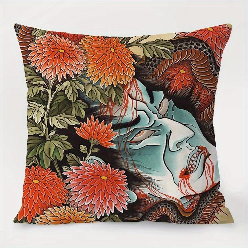 4-Pack Japanese Tattoo Inspired Pillow Covers, Unique Single-Sided Print Artistic Cushion Cases for Sofa and Home Decor