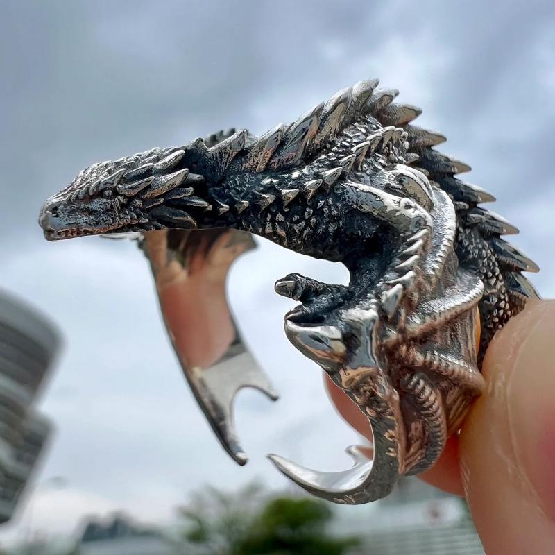 Silver Color Dragon Rings Gothic Punk Men Pterosaur Wings Opening Adjustable Rings Vintage Jewelry Accessories Gifts