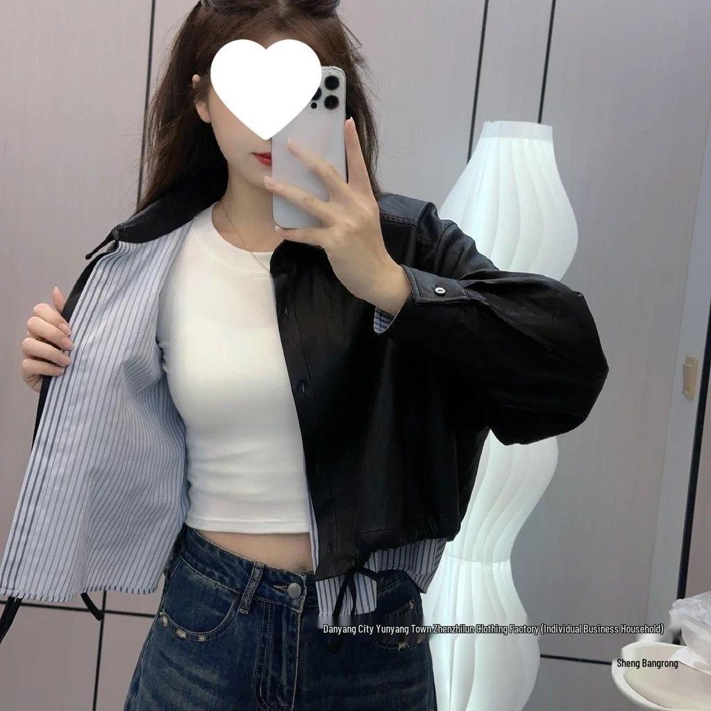 Women's Trendy Faux Two-Piece PU Leather Motorcycle Jacket - Short, Stylish Spring/Autumn Outerwear