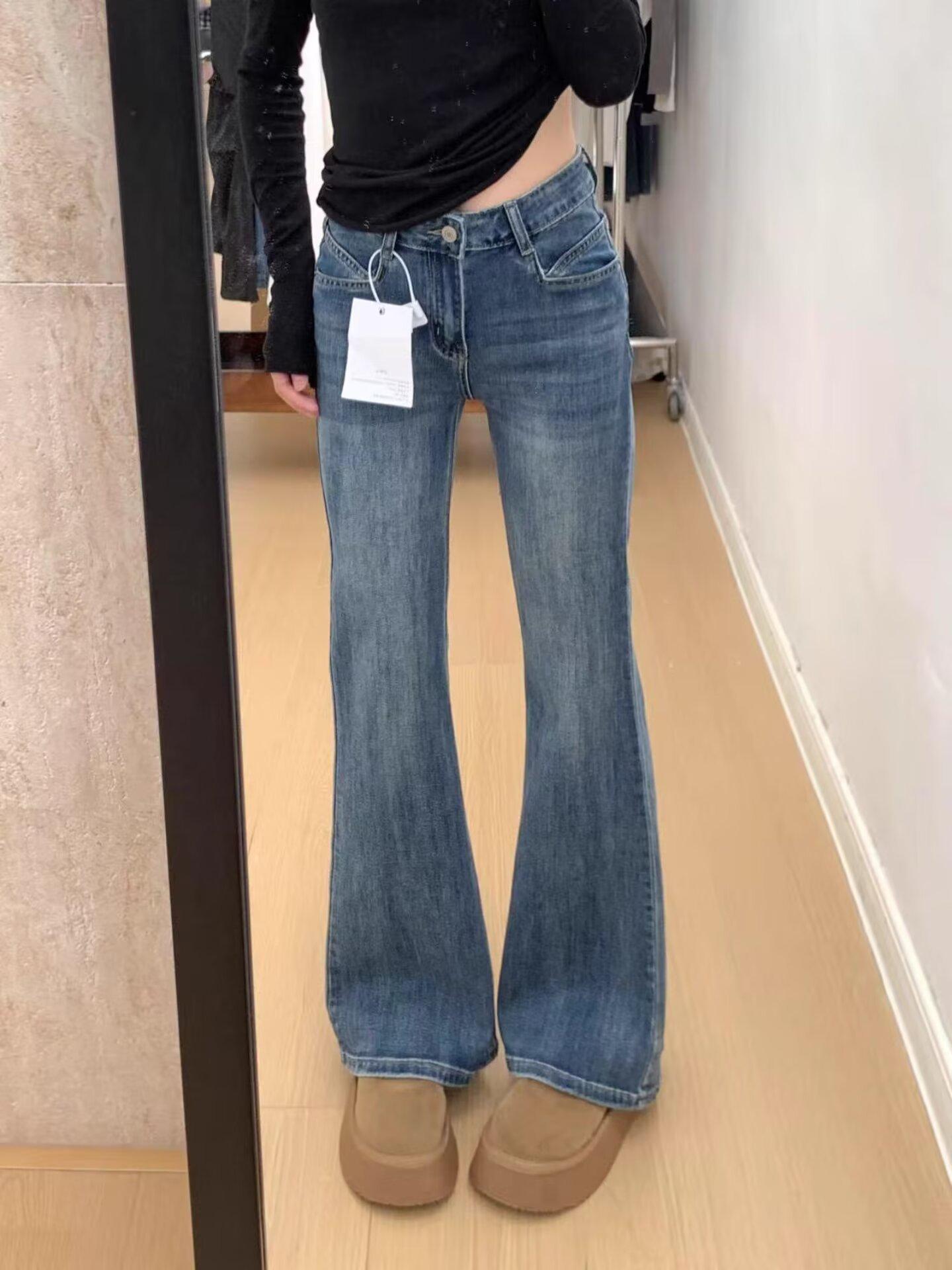 2026 Women s Retro Wide-Leg Bell Bottom Jeans - Slimming, Elastic, Floor-Length Flare M синий