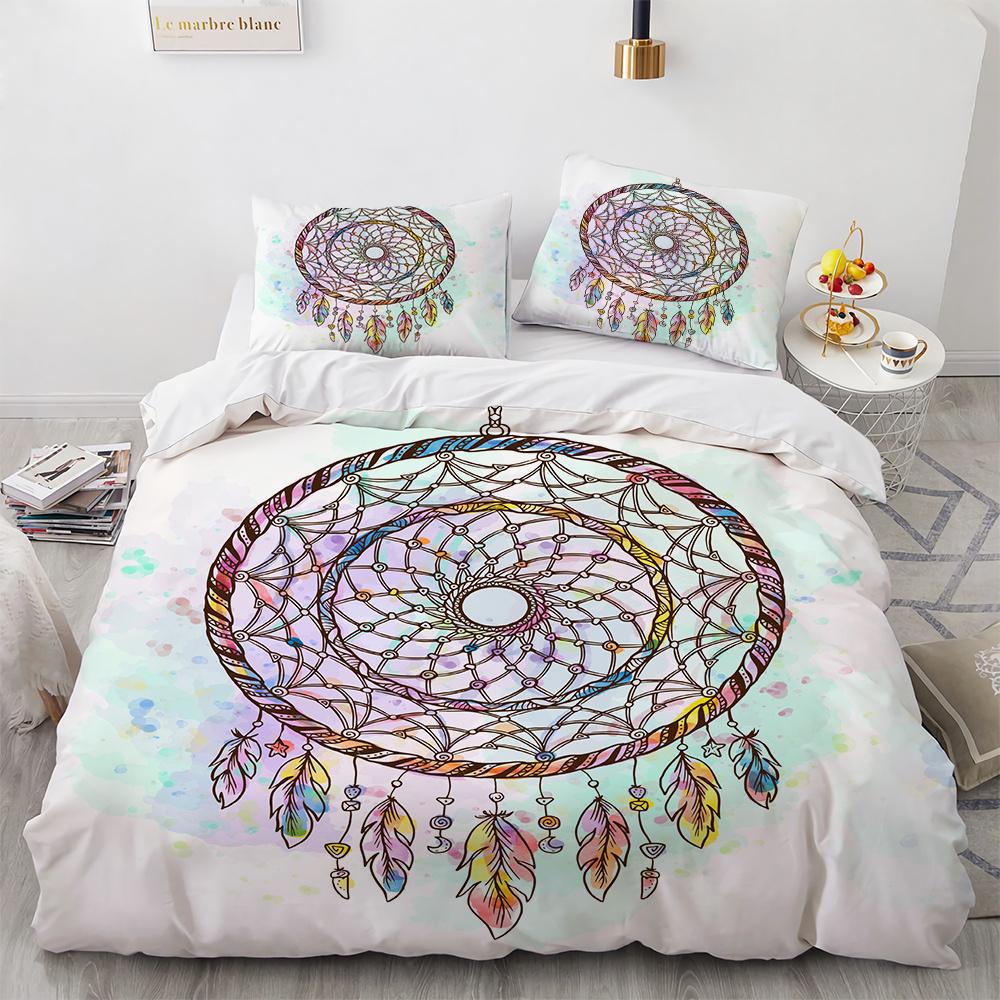 Dream Catcher Duvet Cover Set Colourful Feather Red Flower Romantic Theme Comforter Cover King Full Size for Kid with Pillowcase