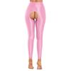Womens Glossy Stretchy Open Crotch Leggings Solid Color Elastic Waistband Skinny Pants