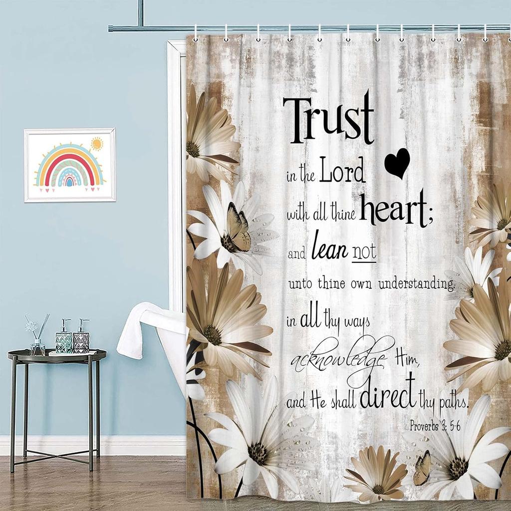Rustic Farmhouse Orange Shower Curtain - Bible Verse Inspirational Country Farm Yellow Fall Daisy Flowers Butterfly Abstract