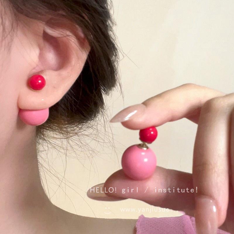 Korean Style Pink Beaded Bubble Stud Earrings for Women - Summer Fashion Candy Colors, Two-Way Wear
