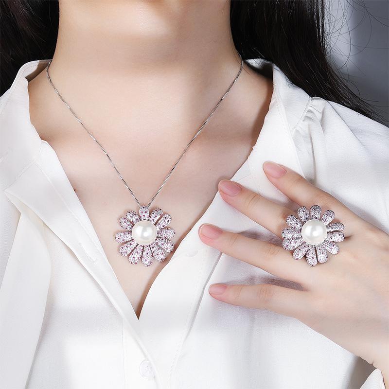 Jewelry Copper Bottom Gold-Plated Inlaid White Freshwater Beads Exaggerated Large Flower Ring Pendant Set 14Mm
