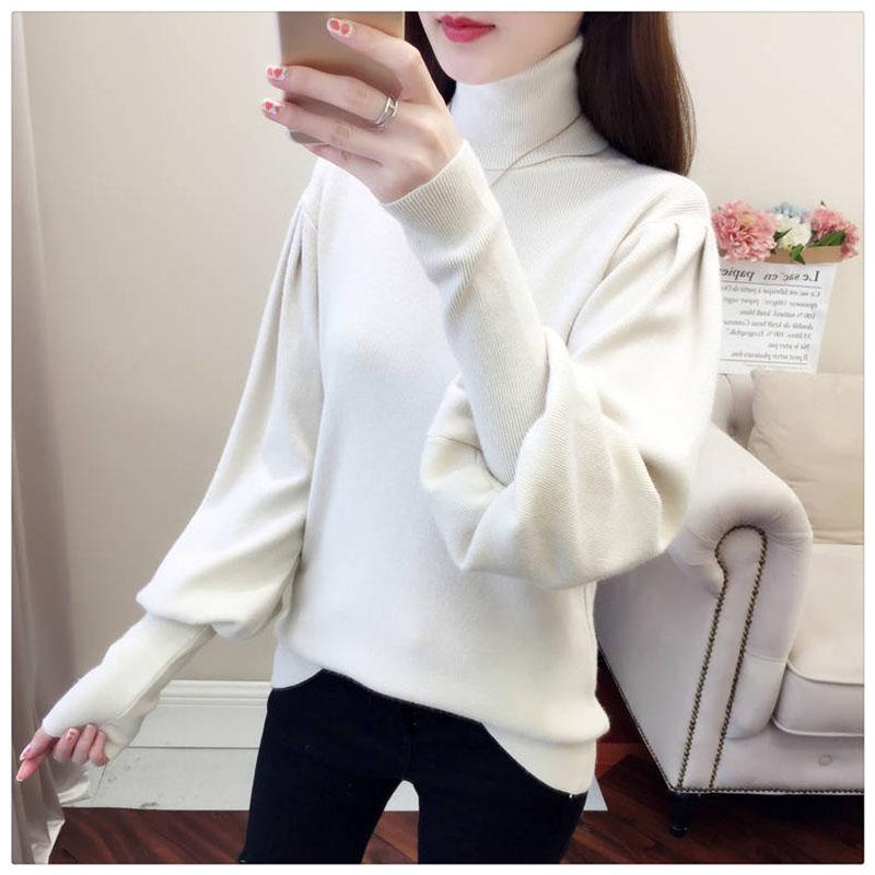 Damtröja med polokrage Varm Vinter Lös Plusstorlek Lyktärmar Stickad Tröja