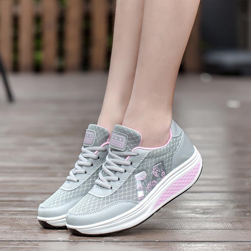Fashion Women Platform Shoes Breathable Mesh Rocker Shoes Wedge Heels Non-slip Casual Walking Shoes