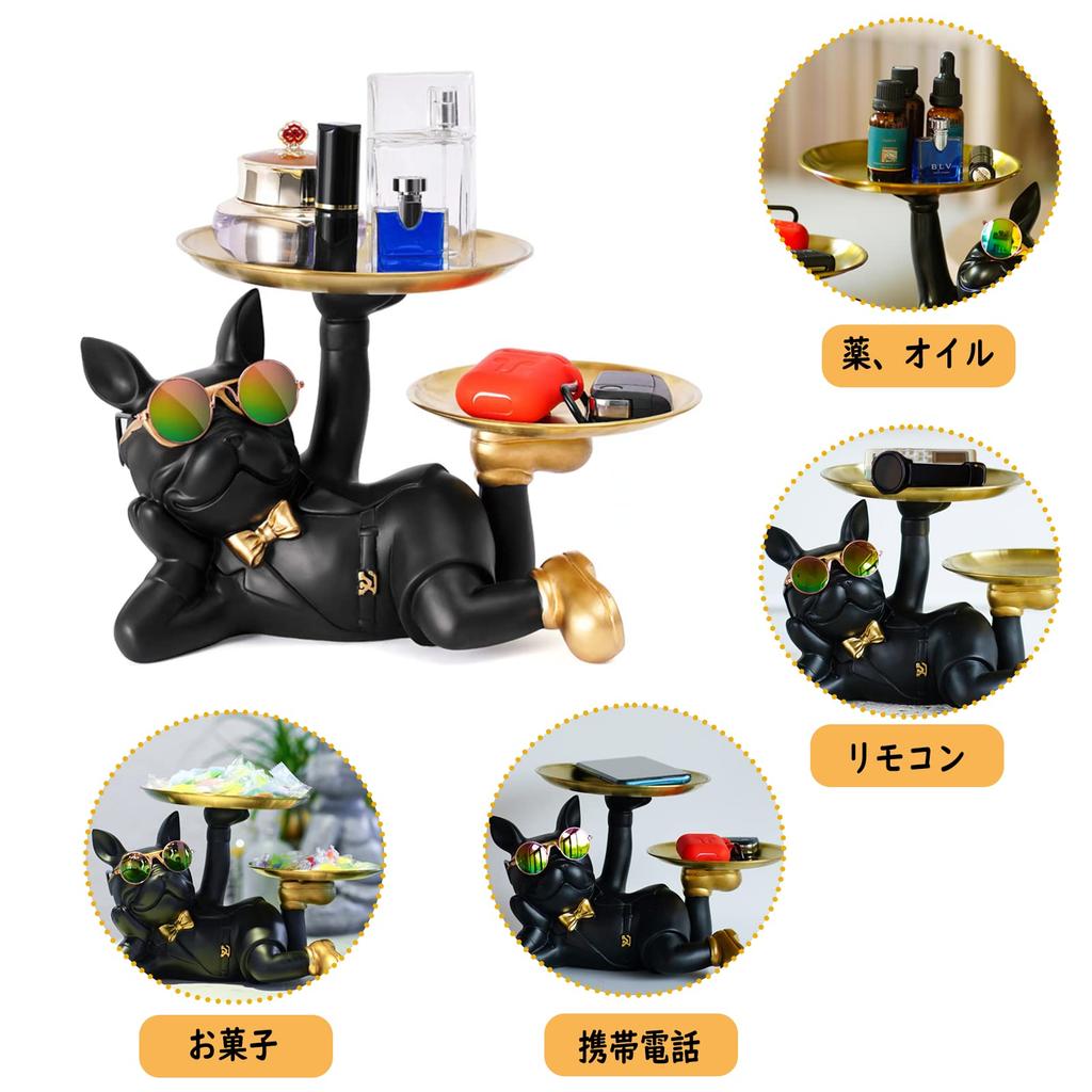 2 Plates Lying Dog with 2 Gold Storage Funny French Gift Card Dog Offering Glasses Funny Birthday Creative Dog Key and Other Small Item Tabletop