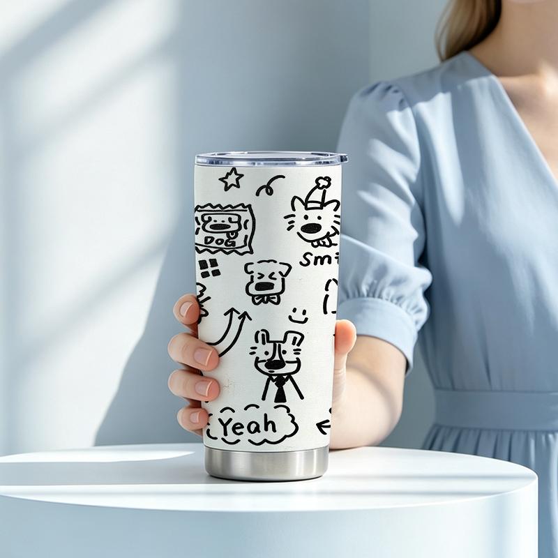Car Tumbler 591ml(1 Random Straw Included)Black White Graffiti Dog MotifCar Cup Commuter Cup Vacuum Insulated Cup 591ml Car Tumbler