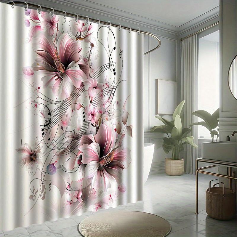 Pink and White Floral Shower Curtain Set - Featuring Musical Notes, Artistic Series,Waterproof Polyester, Modern Bathroom Decor