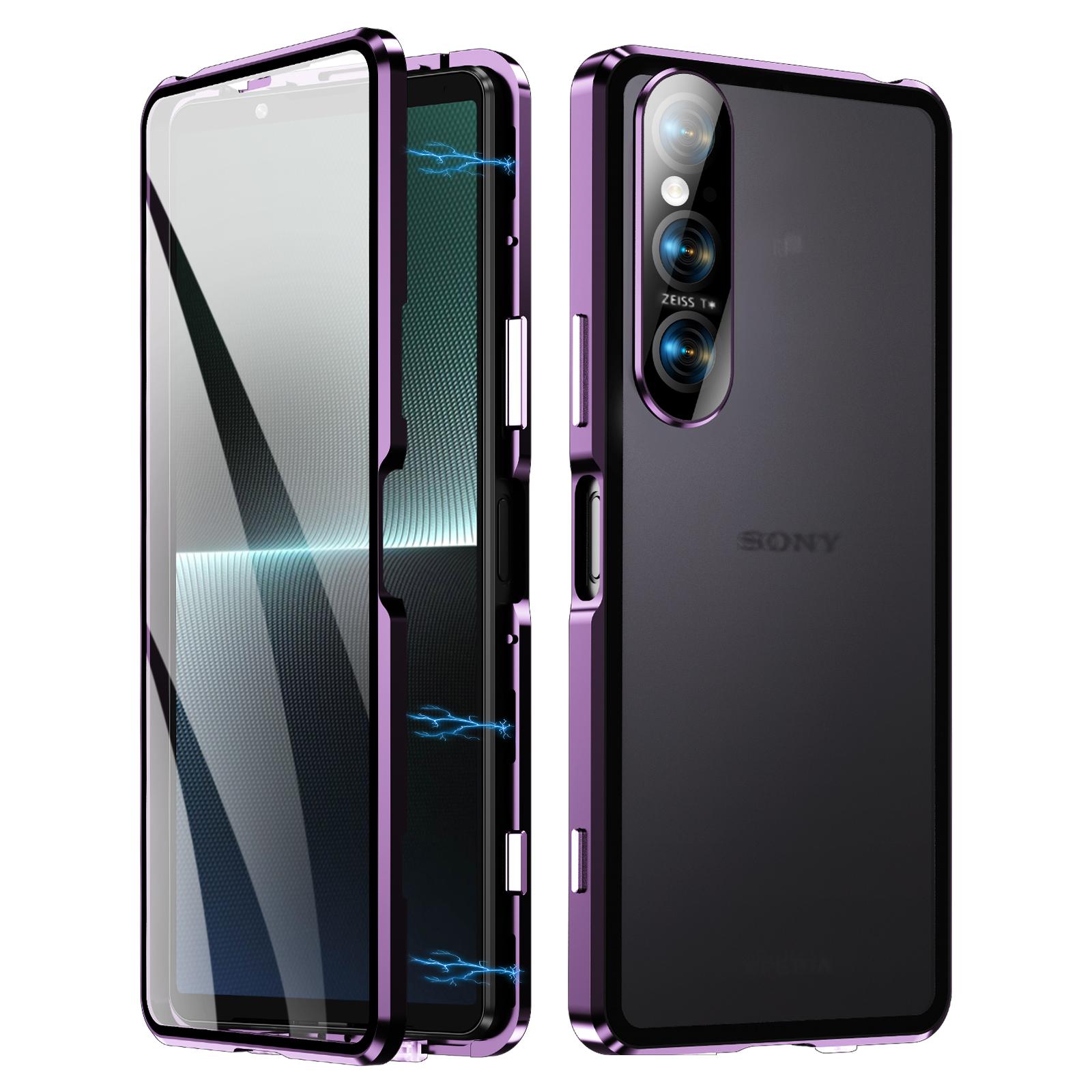 

Для Sony Xperia 1 V Чохол з магнітною адсорбцією Металева рамка+Загартоване скло+PC Задня панель Прозора кришка для телефону Purple