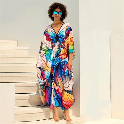 2024 Fashion Butterfly Printed Plus Size Loose Kaftan Women's Bohemian Beach Dress Summer Swimsuit Cover-ups Casual House Robe Q1670