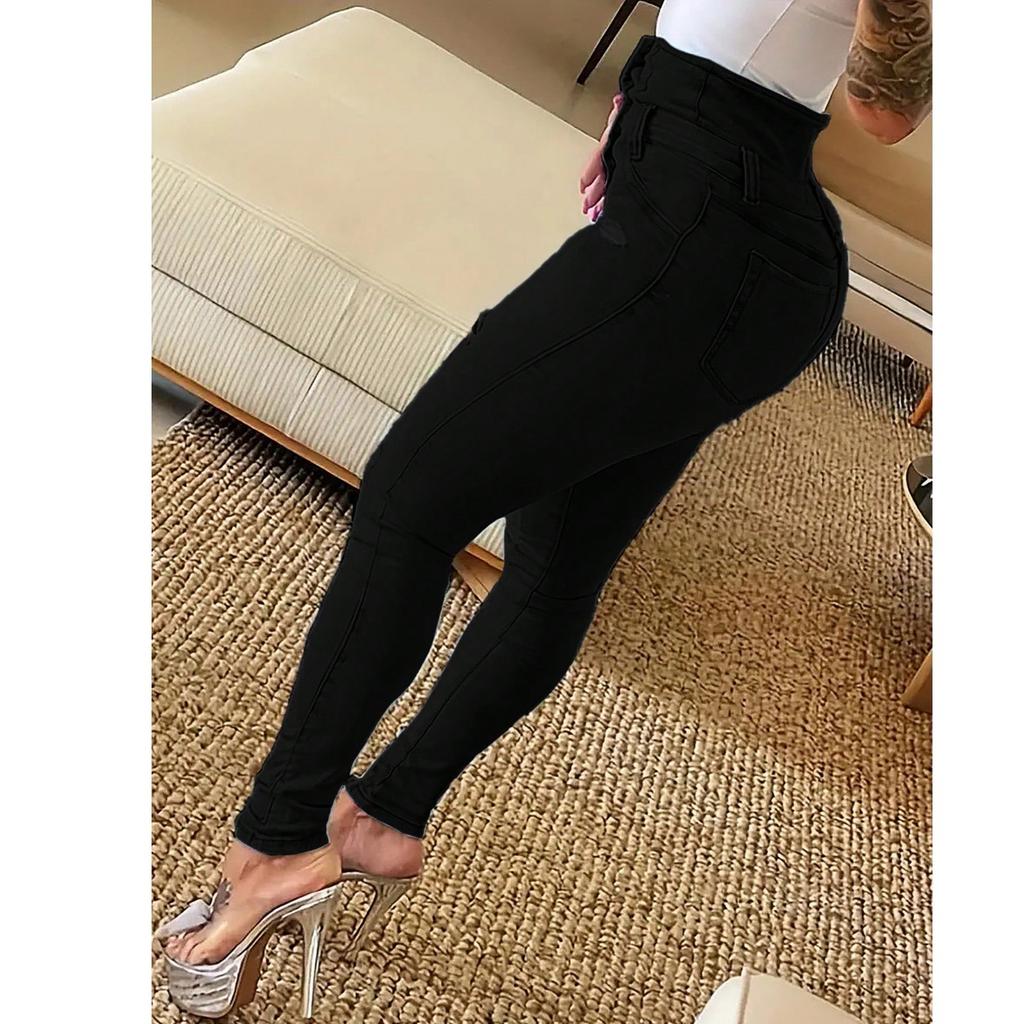 Women's Fashion Slim Button Jeans Cropped Pants Slim Jeans