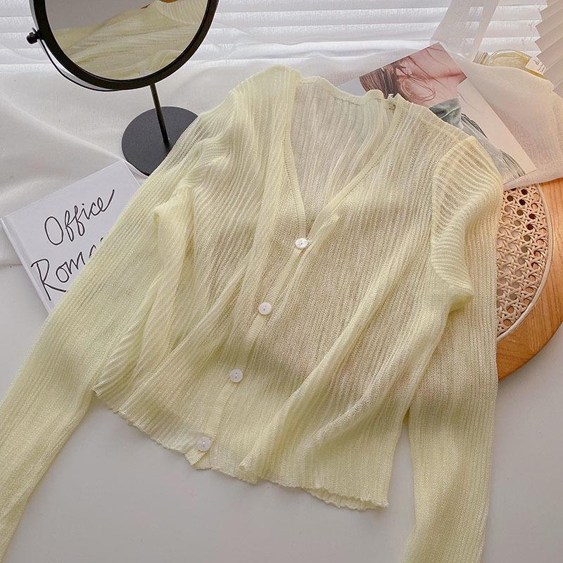 Women's Summer 2021 Thin Ice Silk Cardigan - Korean Style, V-Neck, See-Through, Long Sleeve Knit Top.