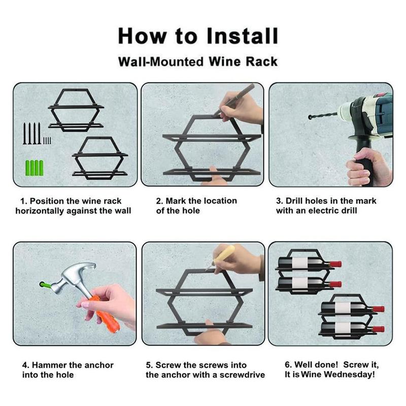 

ABJI-Wall Mounted Wine Rack Hanging 4-Bottle Holder Display Shelf Storage Kitchen Bar Dining Room Space-Saving 2-Pack чёрный