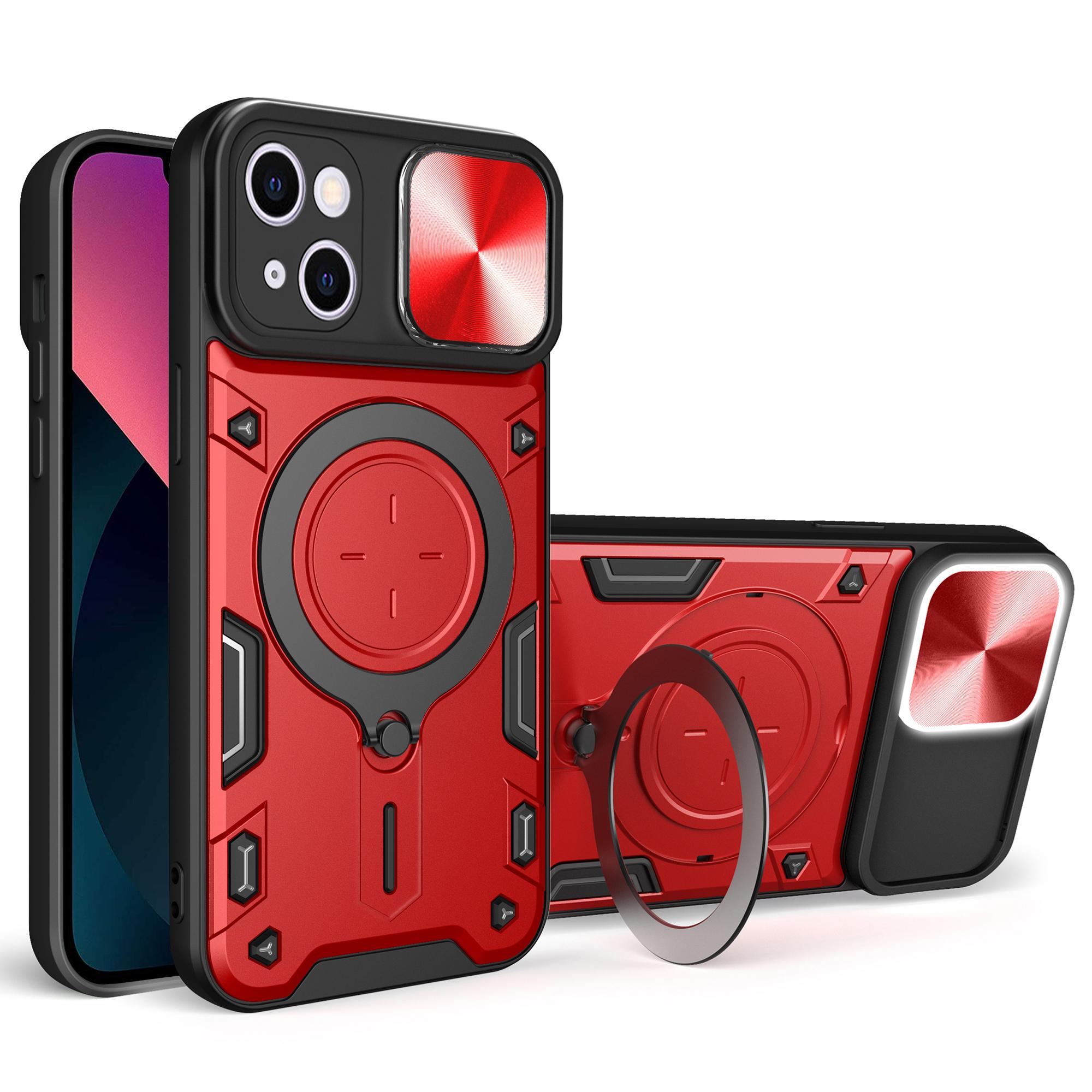 

For iPhone 13 6.1 inch Slide Camera Guard Phone Case PC+TPU Drop-proof Cover with Rotating Kickstand Red