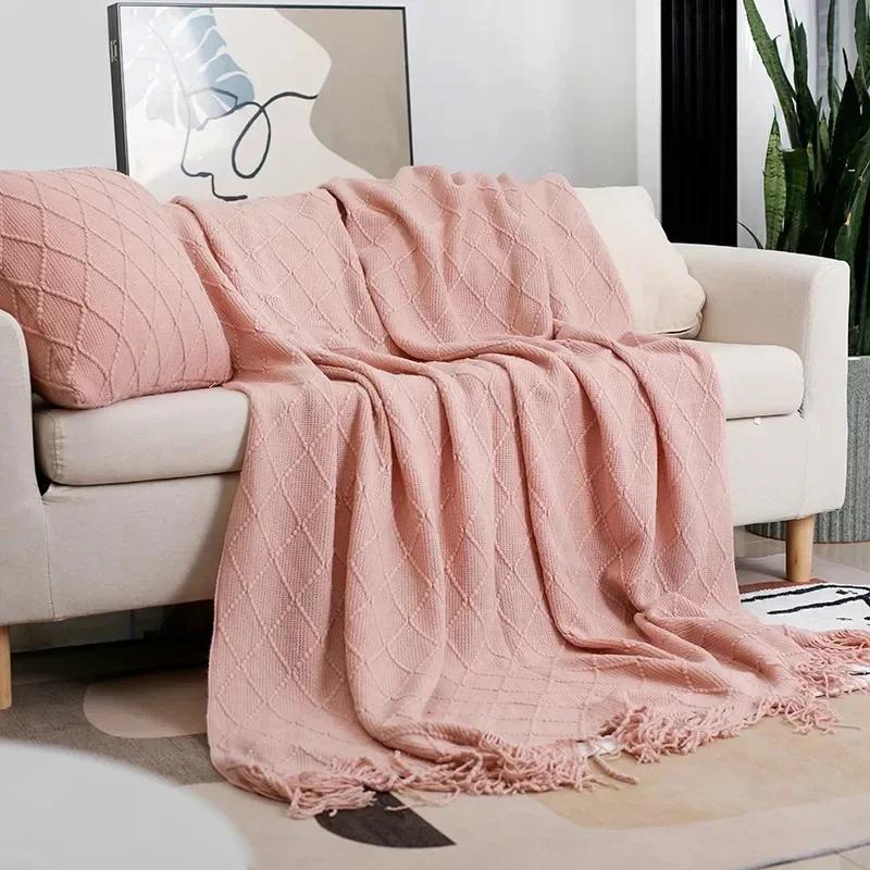 Nordische gestrickte TV-Decken Bettende Dekor Drop Shipping Schal Sofadecke mit Quasten Schal Sofa Nachahmung Fleece Überwurfdecke