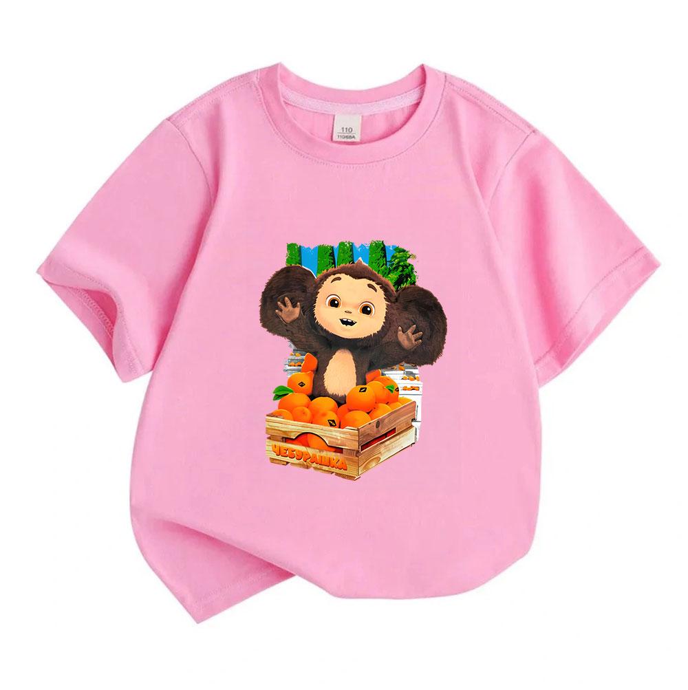 Barn Pojkar Flickor 100% Bomull Rundhalsad Kortärmad T-shirt, Söt Cheburashka Karaktärstryckt Tee med Orange Lådmönster, Casual Andningsbar Sommar T