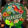 Welcome To Paradise Vintage Teal Metal Sign with Red Macaw and Tropical Flowers Decor
