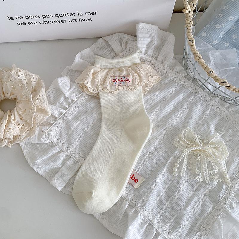 

Ladies Summer Thin Sweet Solid Color Versatile Breathable Curled Lace Mid Tube Pile Socks 1 pair білий