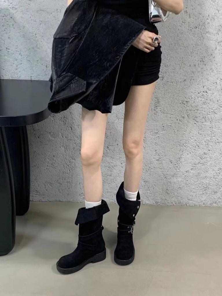 Falten zwei tragen hohe Stiefel Kinder Herbst dicker Absatz Retro absolut Kind vielseitige Schnalle mit runder Spitze Westernstiefel Ritterstiefel