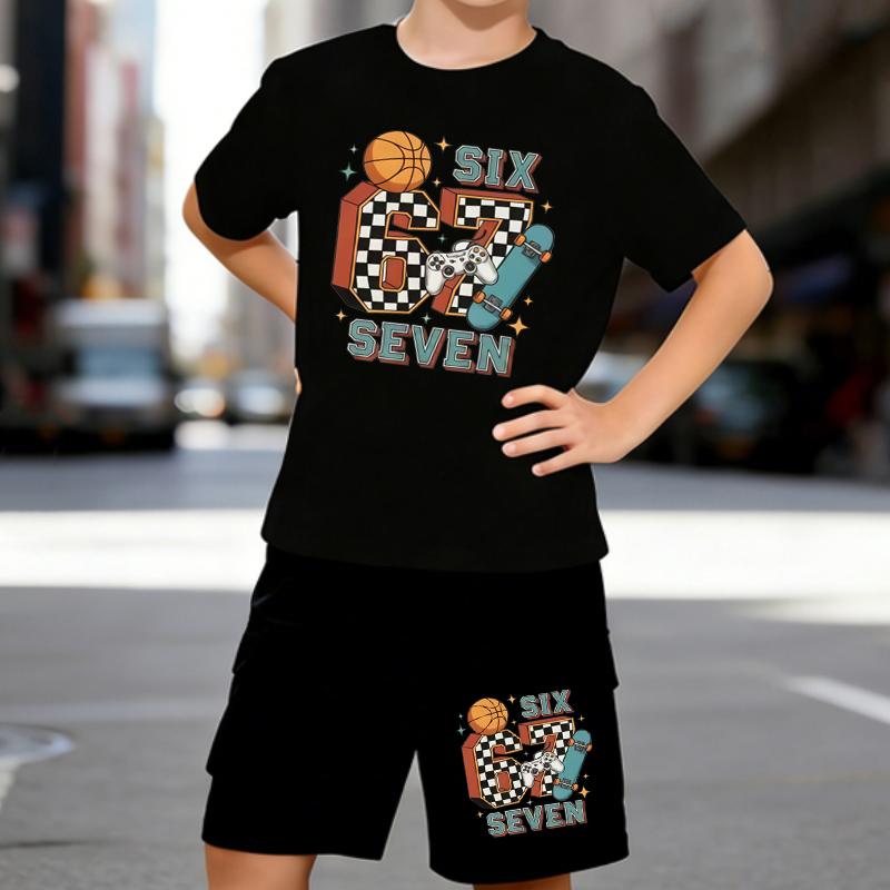 

Boys 2 Piece Popular Meme Number 67 Printed Outfit, Short Sleeve T-Shirt and Shorts Set for Kids Age 5-14,white,Black Sporty Casual Summer Clothes 5-6 Years чёрный