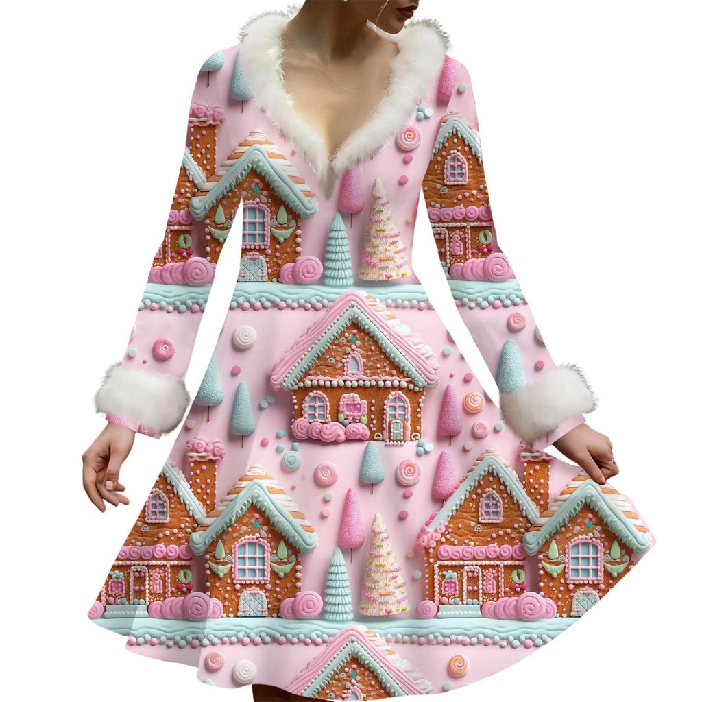 Women's Casual V-neck Christmas Print Plush Long-Sleeve Casual Dress