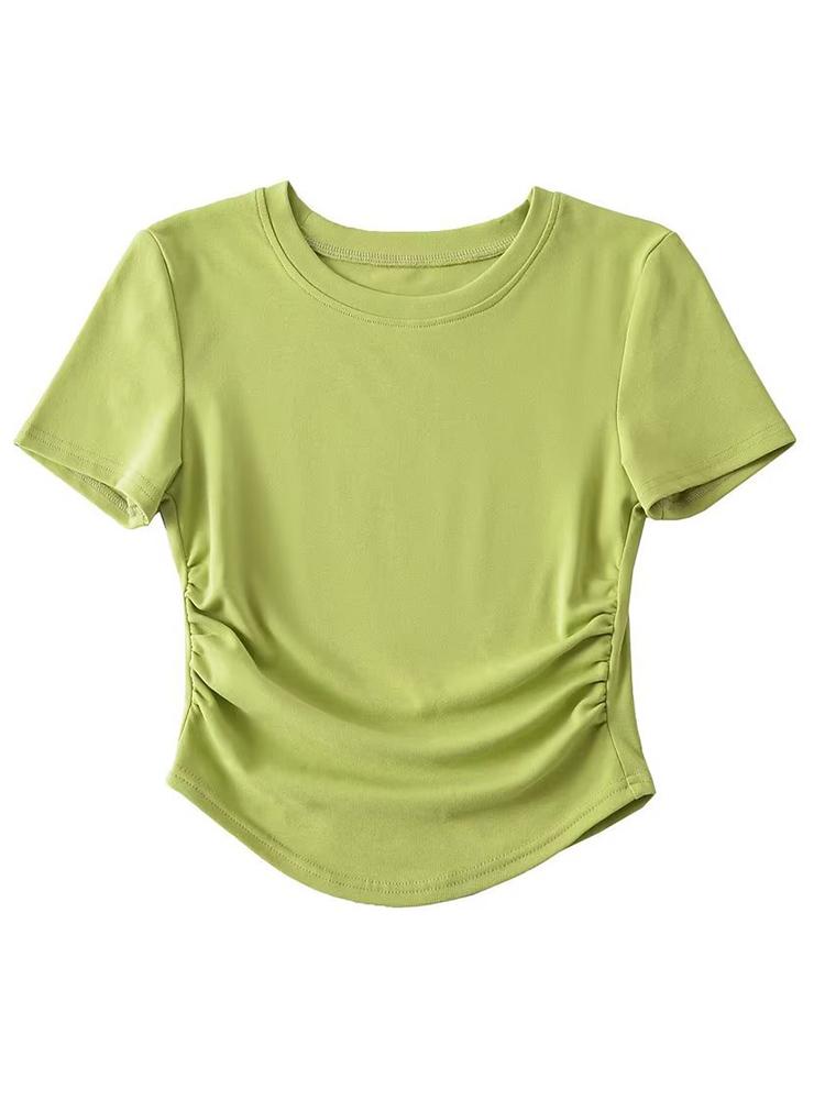 

2024 Новая хлопковая футболка с круглым вырезом, короткими рукавами и плиссированной деталью с обеих сторон S светло-зеленый