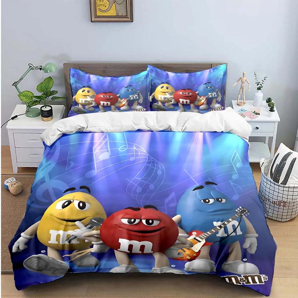 Set di biancheria da letto con stampa del logo del cioccolato M&M alla moda, set di biancheria da letto squisito, set copripiumino, set di piumoni, set di biancheria da letto, regalo per bambini