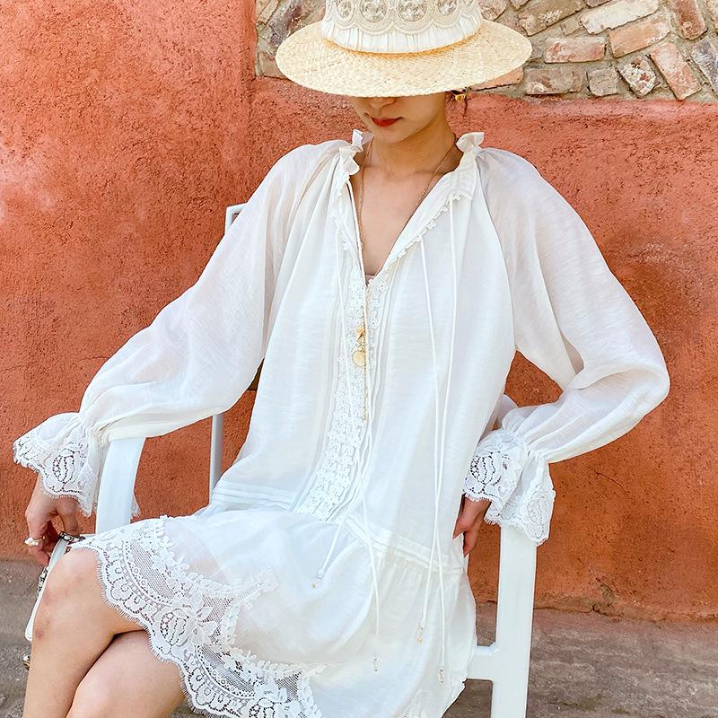Women s Long Sleeve Elegant Tencel Linen Dress - French Southern Summer Vacation Style M