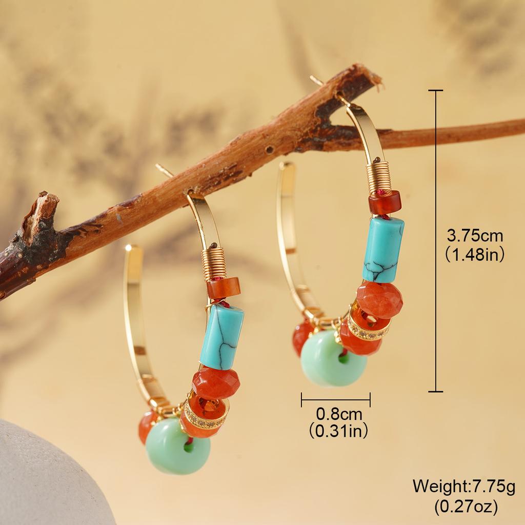 Retro new Chinese natural stone beaded earrings collection handmade design national style oil painting temperament earrings
