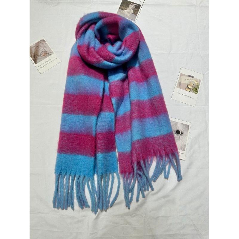 New Style Mohair Striped Colorful Scarf for Women in Winter Korean Style Thickened and Warm with Plush Scarf for Men