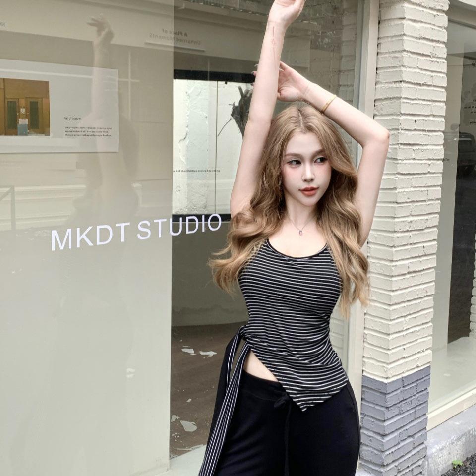 #Summer new pure desire wind striped lace-up splicing sling vest female slim fixed with chest pad top