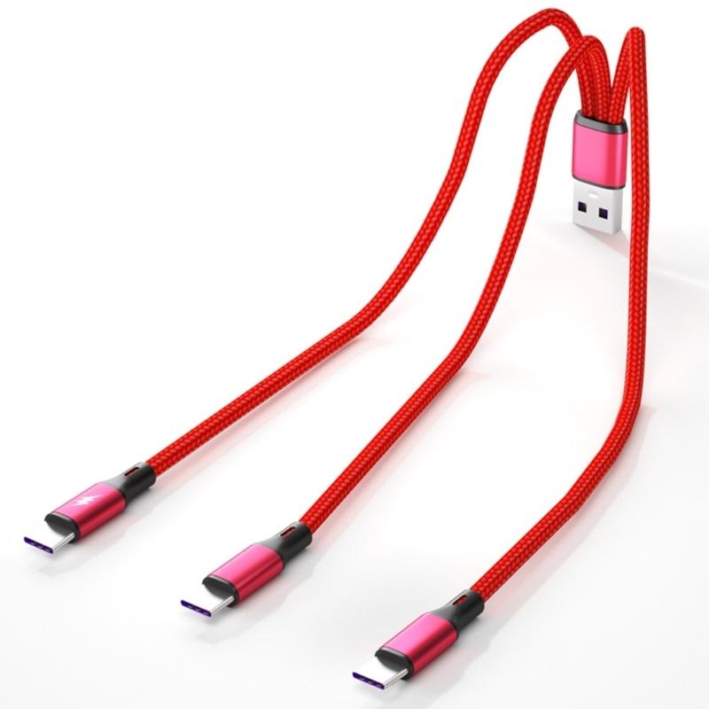 Quick Charging USB to 3x Type-C Cable Cord 5V Power Output 3-in-1 Nylon Braided Laptop Wire Black/Red