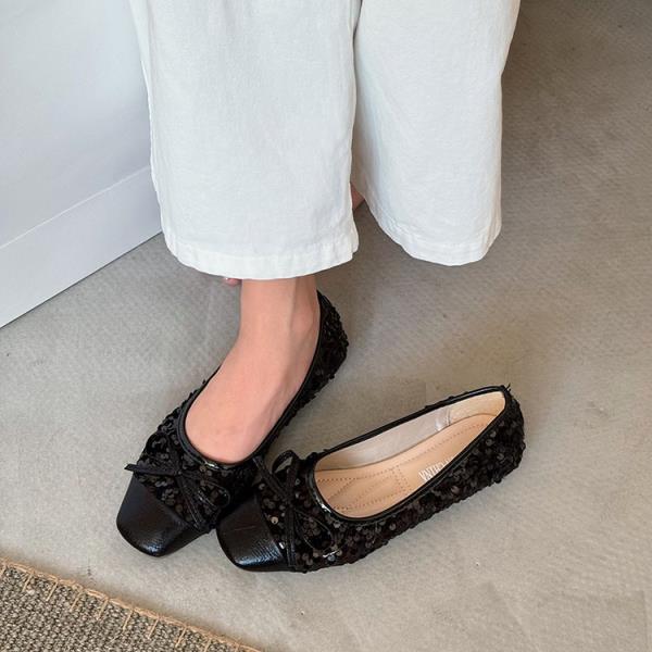 Fashion Slip On Shoes For Women Bow-Knot Square Toe Shallow Mouth Female Footwear Autumn Slip-on Moccasin Butterfly Dress Fall Glitter B