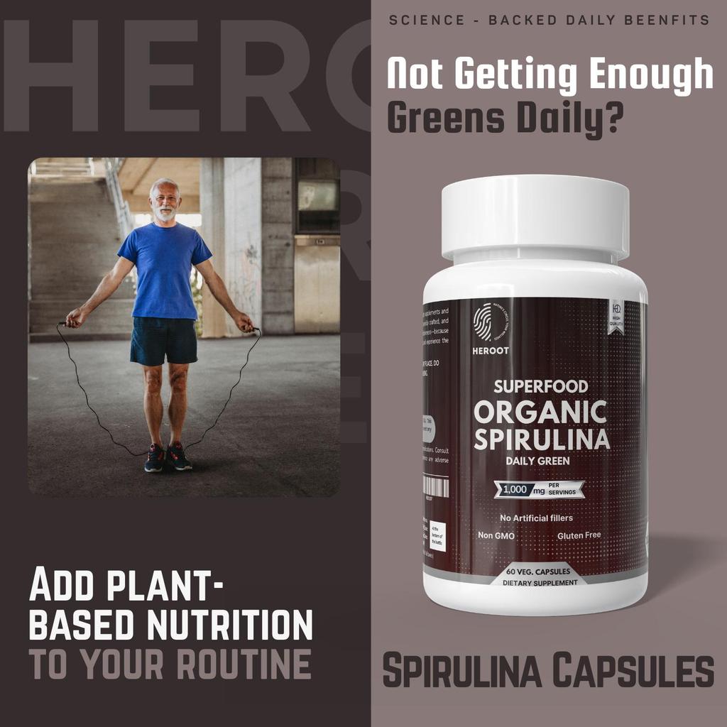Heroot Spirulina 1000mg Veg Capsules | 100% Pure Algae Powder | 60 Capsules