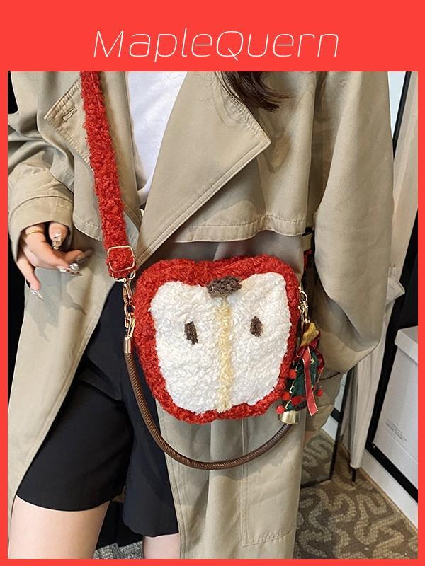 Christmas Sheep Plush Apple Tote Bag For Girls With Zipper Closure And Card Pocket