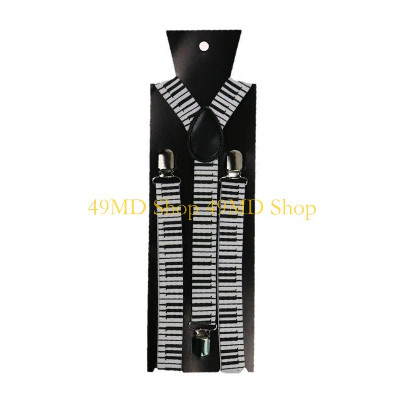 49MD Uomo Donna 2 in 1 Set Bretelle Papillon Bianco Nero Note Musicali Tastiera del Pianoforte Stampa Cintura Regolabile a Y Cravatta Palco