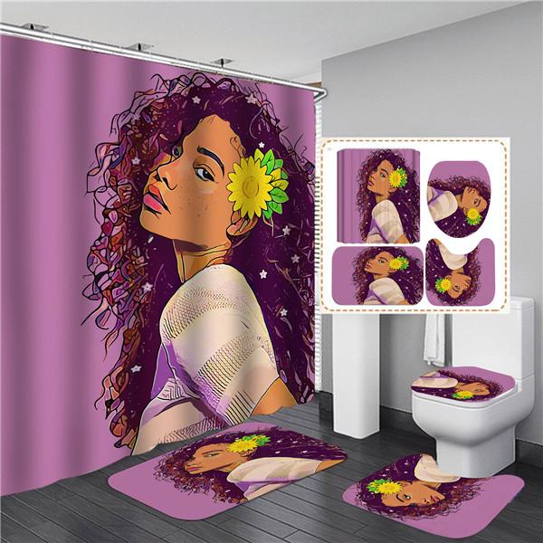 4PCS Full Set Bathroom Curtain Set Elegant African Black Woman Shower Curtain Hooks Modern Bath Mat Toilet Lid Cover Anti-slip Bath Mats