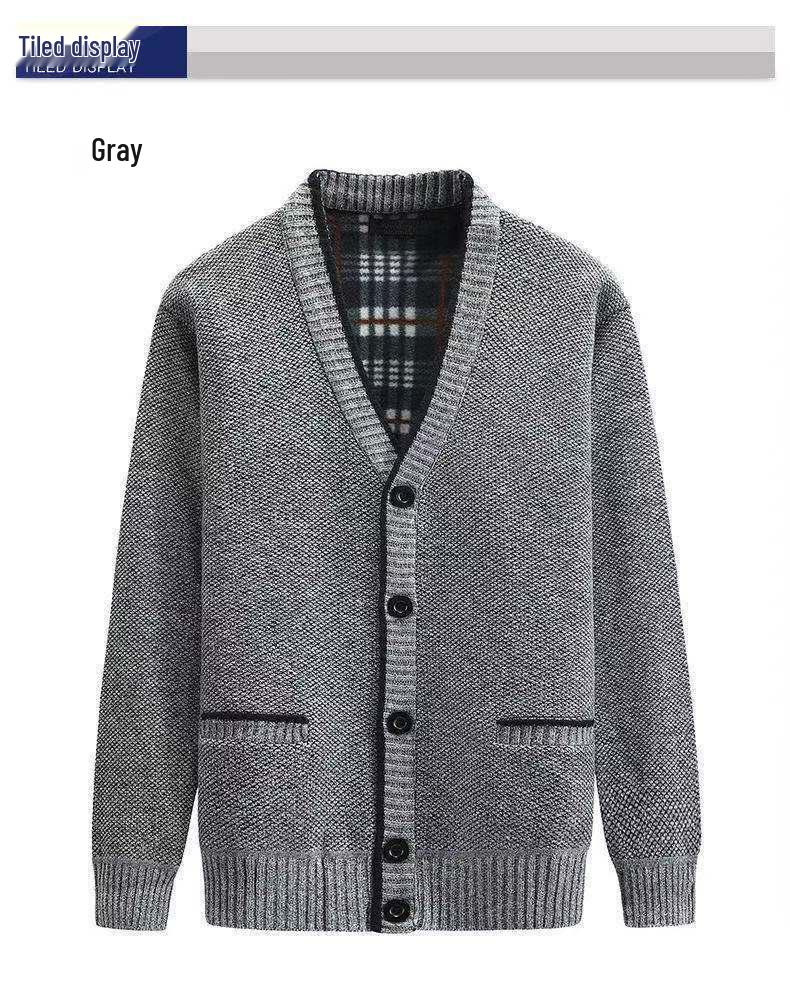 Men's Winter Thickened V-Neck Plus Velvet Sweater Cardigan for Middle-Aged & Elderly