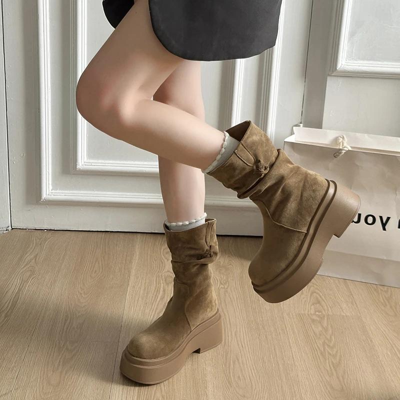 Vintage Platform Thick Bottom Women Western Ankle Boots Fashion Tassel  Slip On Shoes Autumn Winter Female Chunky Short Booties