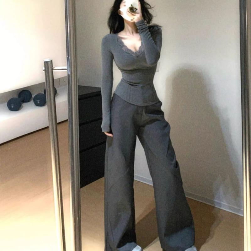 

Hong Kong Style Retro Gray Long-sleeved Women s Spring and Autumn New Slim Lace Top S серый