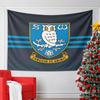 A White Owl On a Blue Shield with Text and Branch Details. Patterned Tapestry for Bedroom and Living Room Home Decor