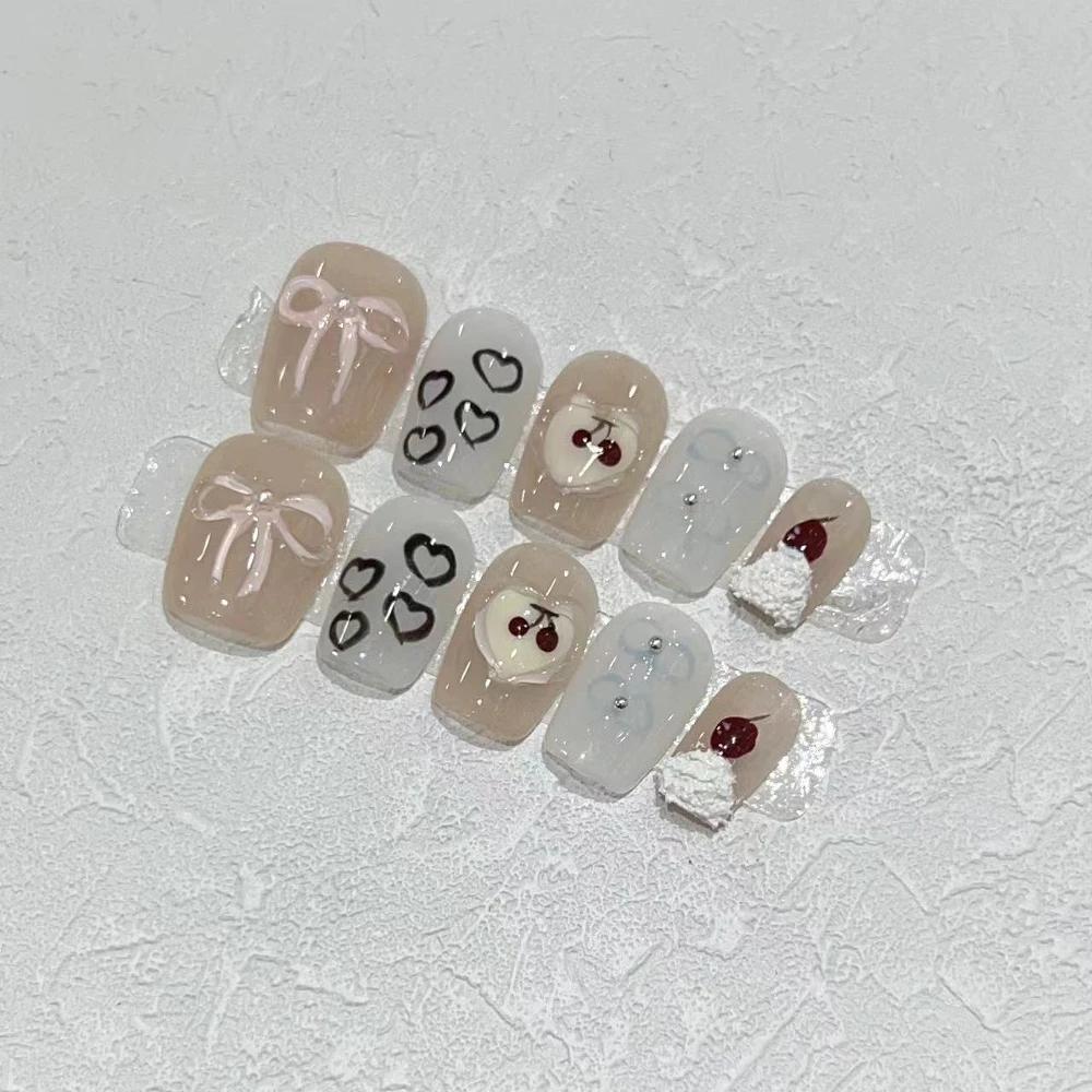 Summer Sweetheart Handmade Full Cover False Nails Kawaii Cartoon Cat Flower Cat Eye Short Square Reusable Fake Nail Stickers