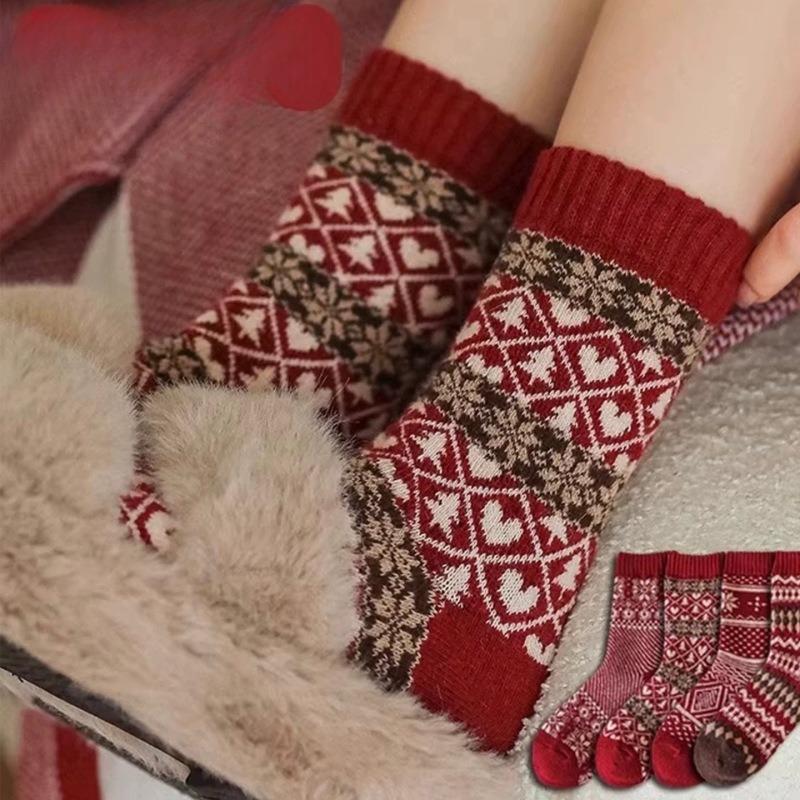 New Year Red Socks for Children, Fair Island Vintage Christmas Mid-calf Socks, Winter Thick and Warm Wool Socks