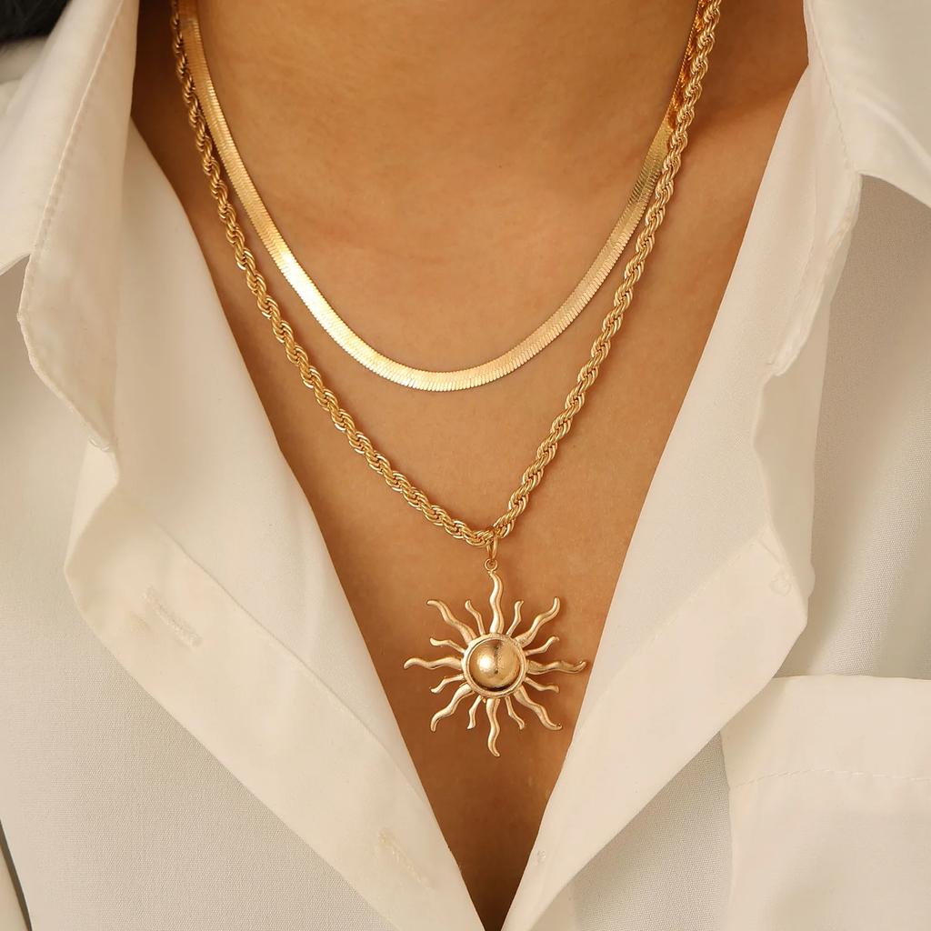 Exaggerated Big Sun Pendant Necklace for Women Trendy Double Layer Snake Bone Chain Necklace Summer Jewelry Accessories