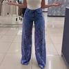 Dames Jeans med blonde-lapper, avslappet baggy rett vidde, denimbukser med middels høy midje, blomstermønster, uthulede jeans