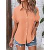 Women lapel collar crinkle textured short sleeve shirt solid multi color loose fit beach casual button down blouse