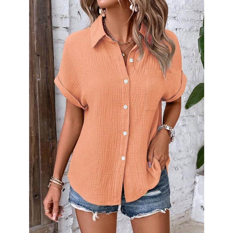 Women lapel collar crinkle textured short sleeve shirt solid multi color loose fit beach casual button down blouse